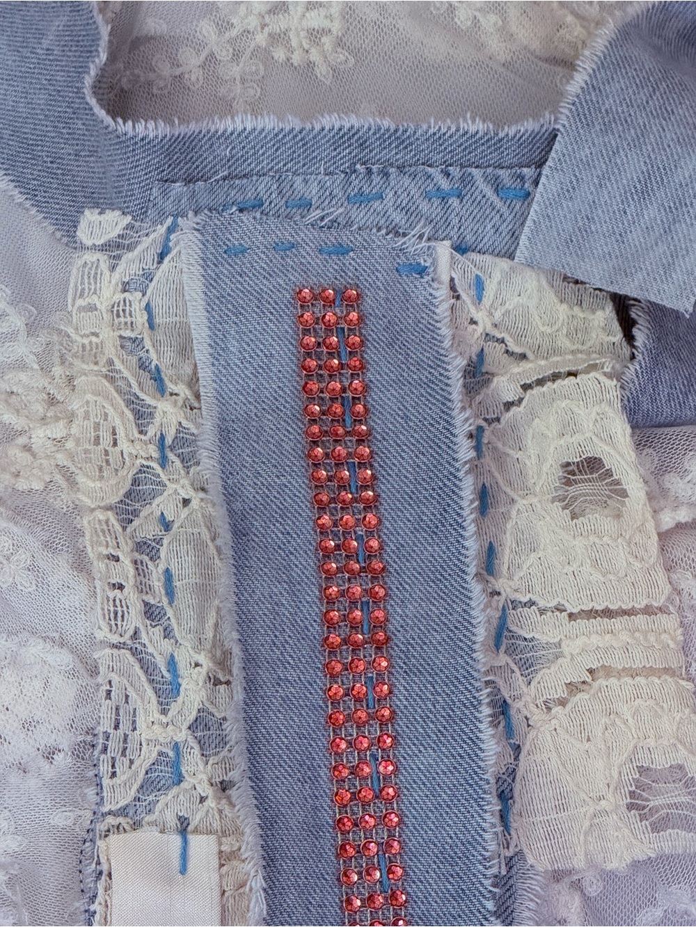 Hand Crafted Necktie Scarf Jabot Upcycled Denim Vintage Lace Artisan OS - Picture 7 of 9